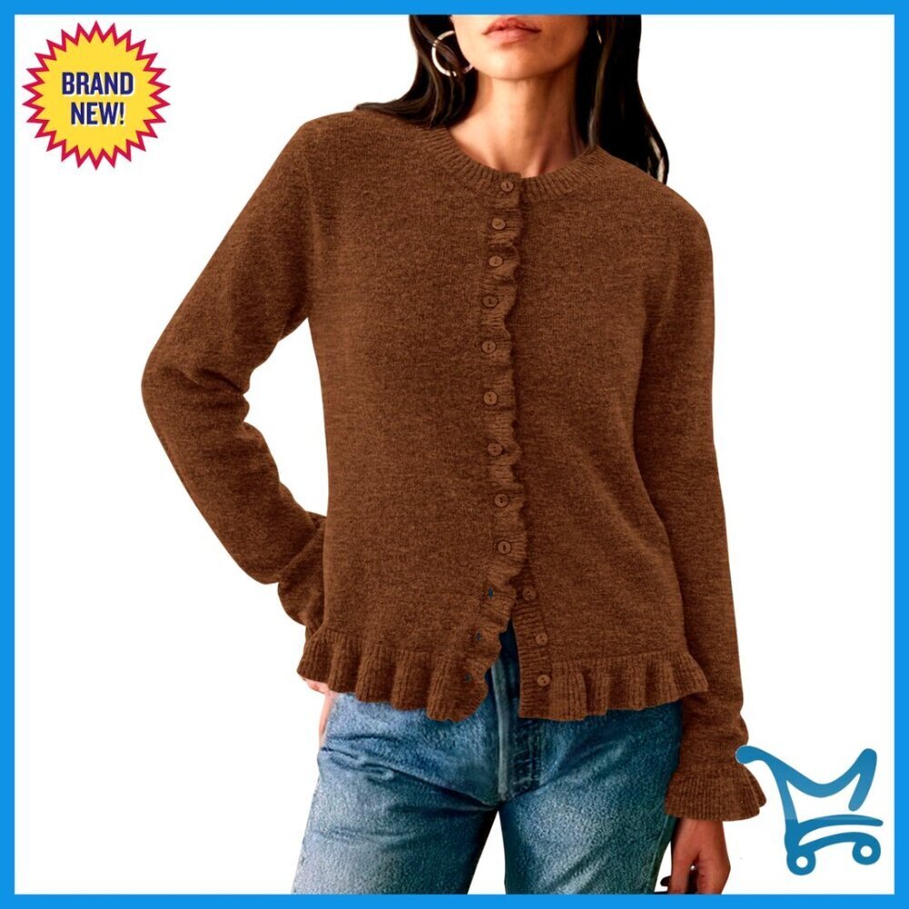 Chunky Knit Cropped Cardigan with Ruffles, Button Front, Crew Neck